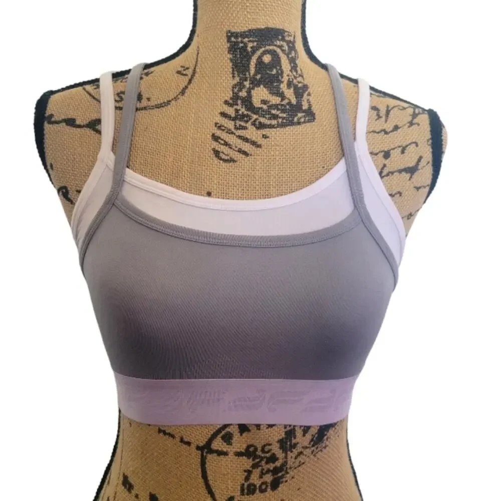 XS Fabletics layered strappy gray white & lavender athletic sports bra